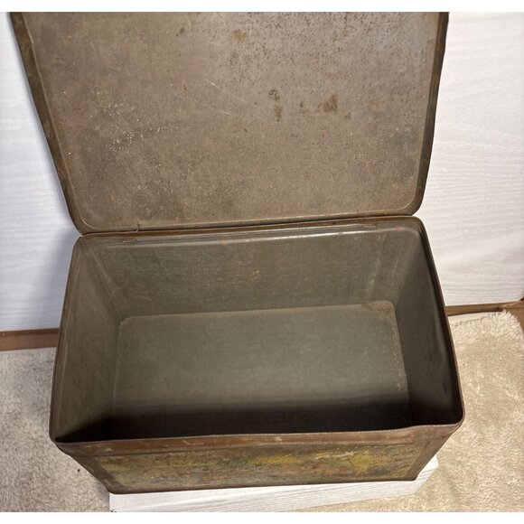 Thomas J Lipton Tea Tin Planters Hinge Lid Scenic Graphic Rustic Patina 9x6x4.5" - Picture 8 of 11